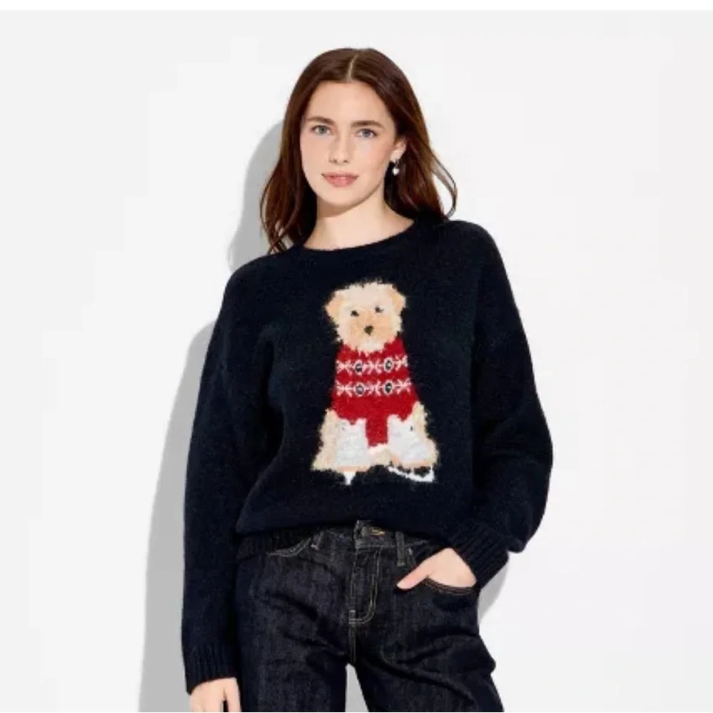 NWT Wild Fable Crewneck Pullover Heritage Novelty Sweater -Navy Blue Dogs - Picture 2 of 9